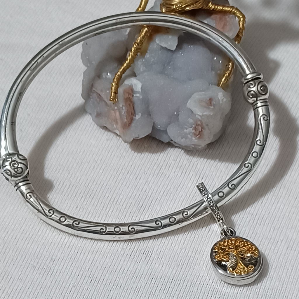 Silver Oval Bangle Tree Of Life Charm Bangle Bracelet
